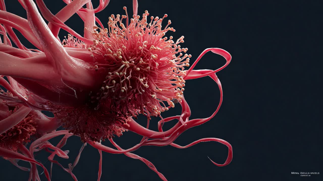 A Close-Up Exploration of Intricate Cellular Structures, Featuring Vibrant Pink Fuzzy Forms and Delicate Tendrils, Highlighting Nature's Unseen Wonders and Biological Complexity