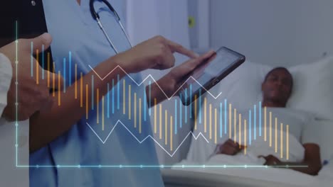 animation of graphs, midsection of diverse doctors discussing over tablet with patient in background