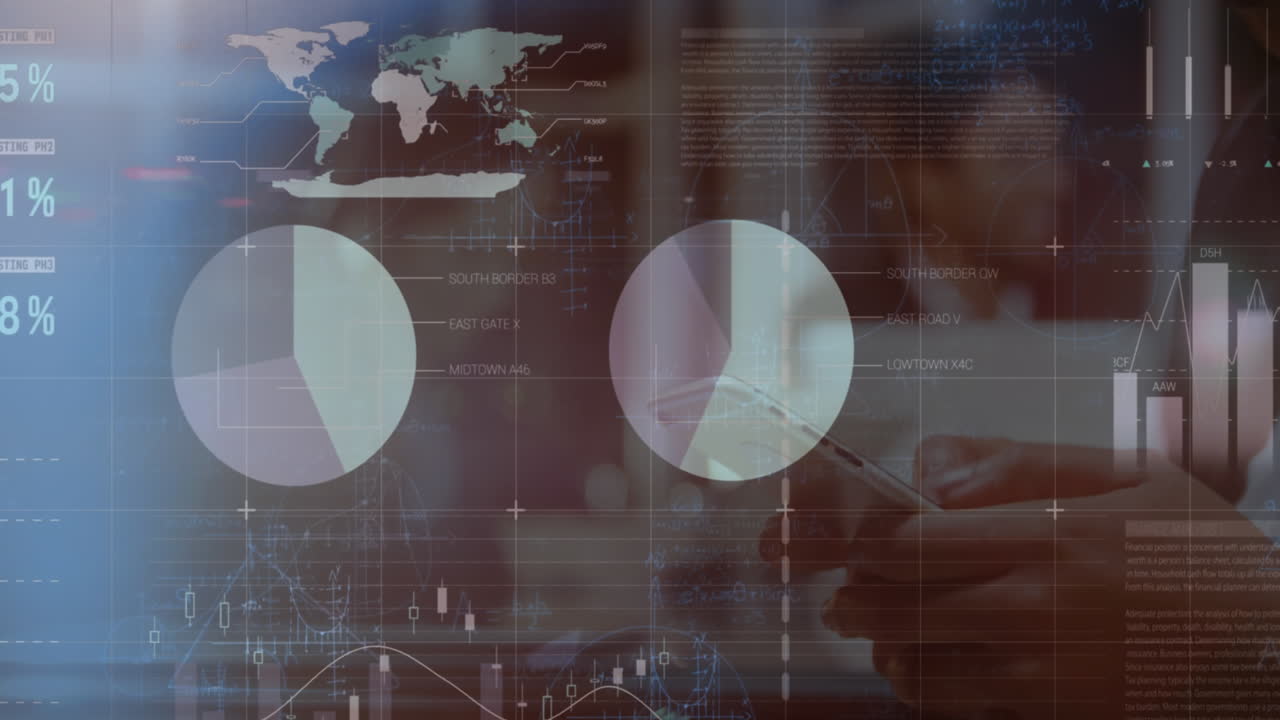 animación de procesamiento de datos estadísticos sobre mujer afroamericana usando teléfono inteligente en la oficina