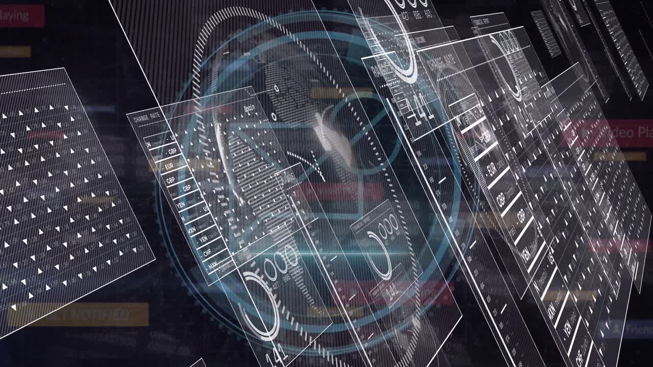 Animation of digital interface with data processing over black background