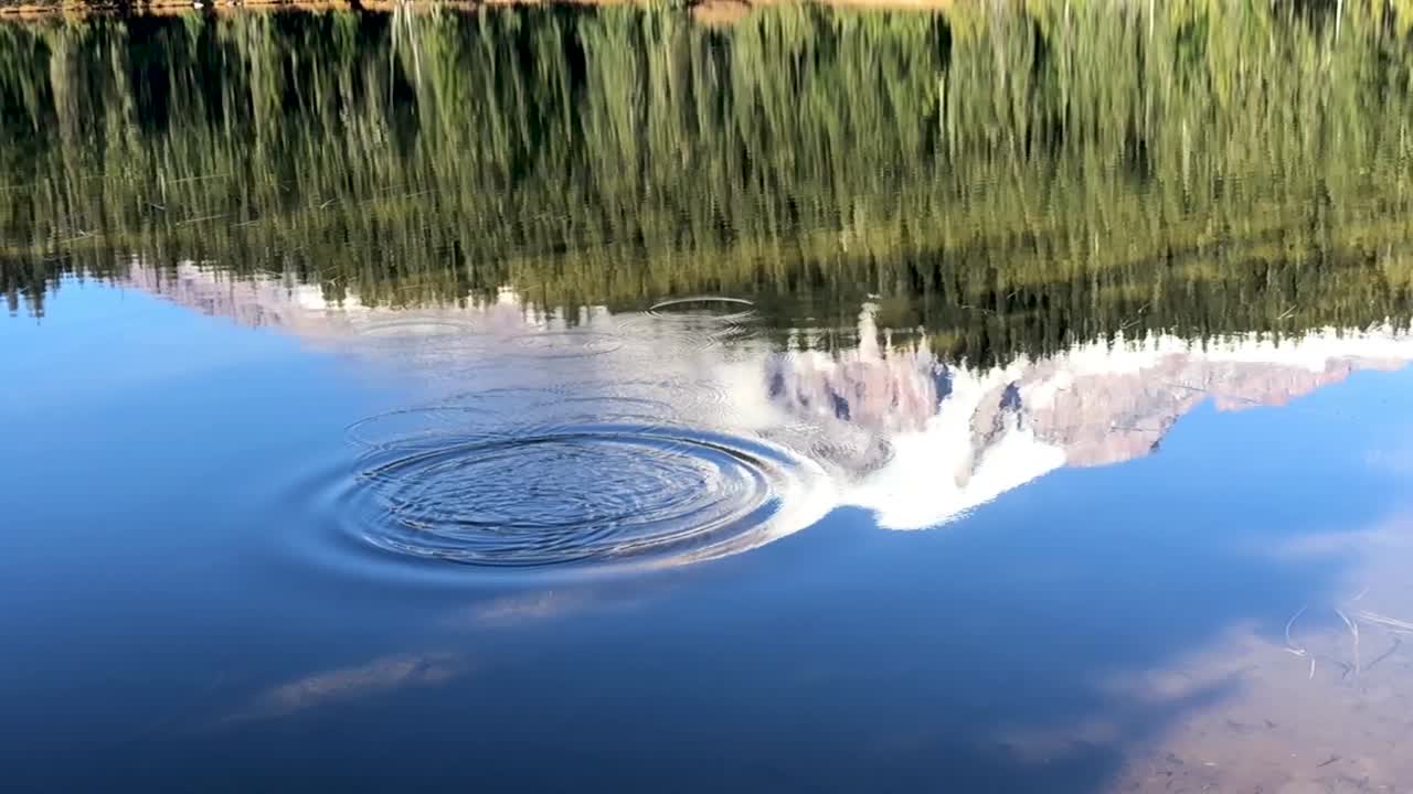 Mount Rainier in Washington State United States reflected from a lake.  A stone is thrown into water and creates ripples that disturb the calm waters. Taken in Slow Motion
