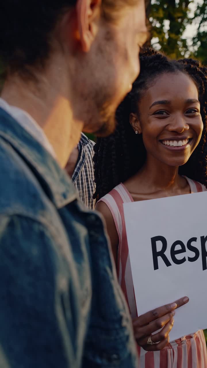 Diverse Group of People Holding 'Respect' Signs in a Park at Sunset