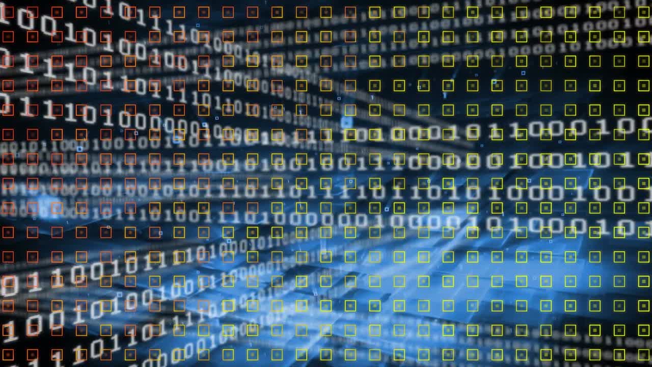 Animation of binary system data processing over blue and black background