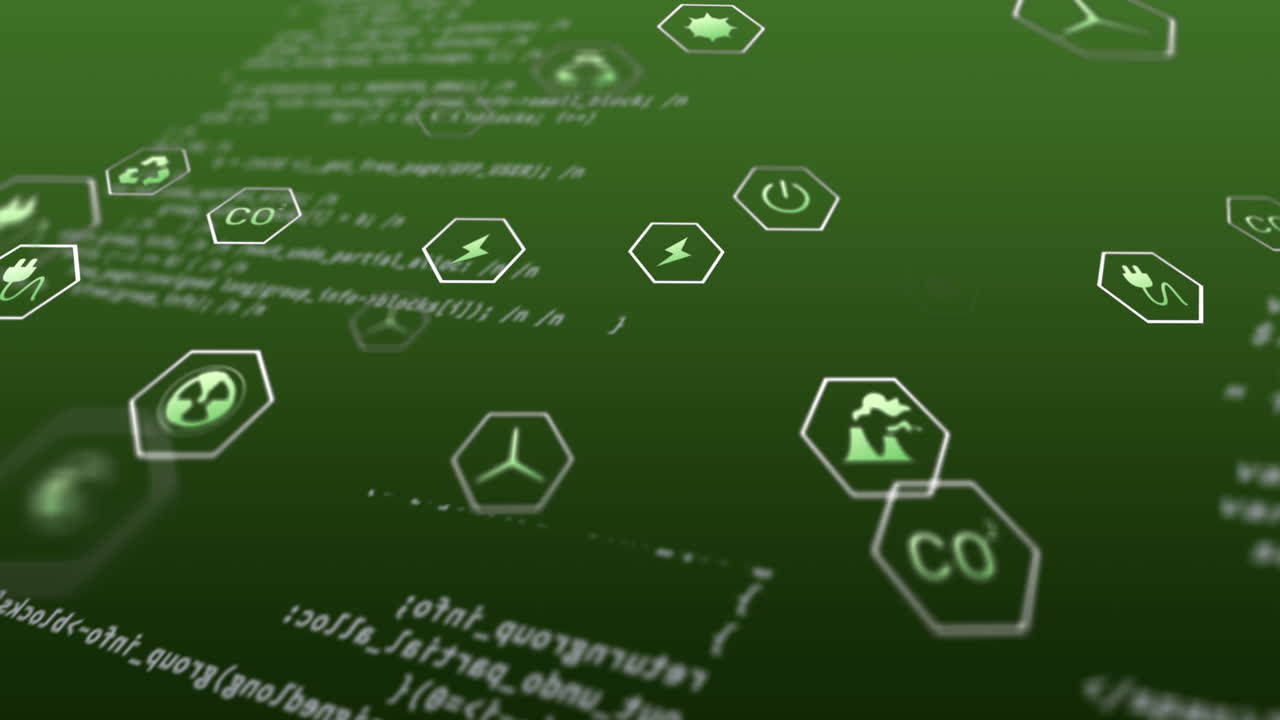 녹색 배경에 있는 데이터 처리 및 생태 아이콘의 애니메이션