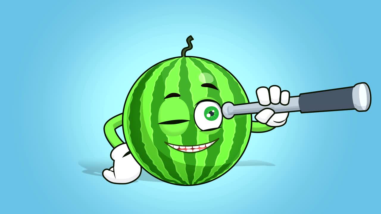 animación de la cara de la sandía de dibujos animados a través del telescopio con matte alfa