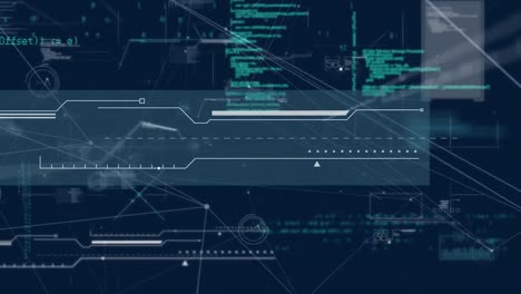 Animation of interface with data processing and network of connections against blue background