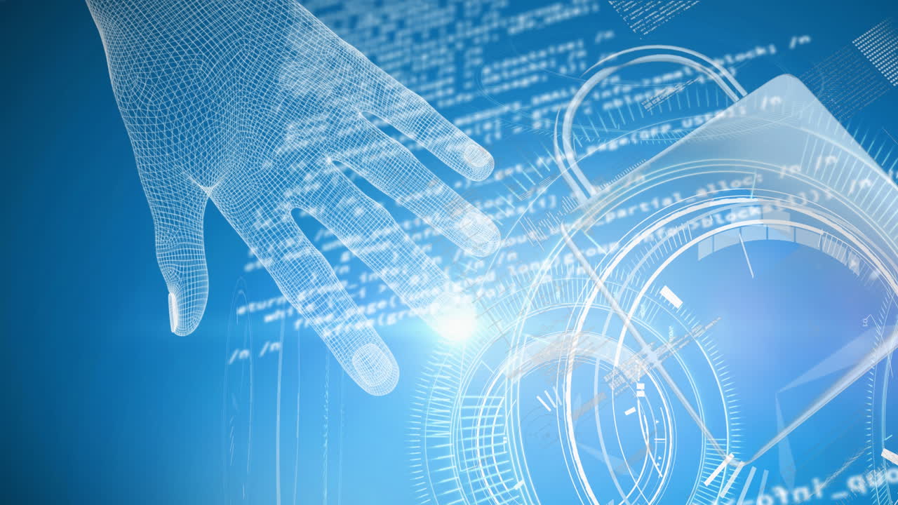 파란색 배경에 있는 보안  ⁇ 락 아이콘과 데이터 처리