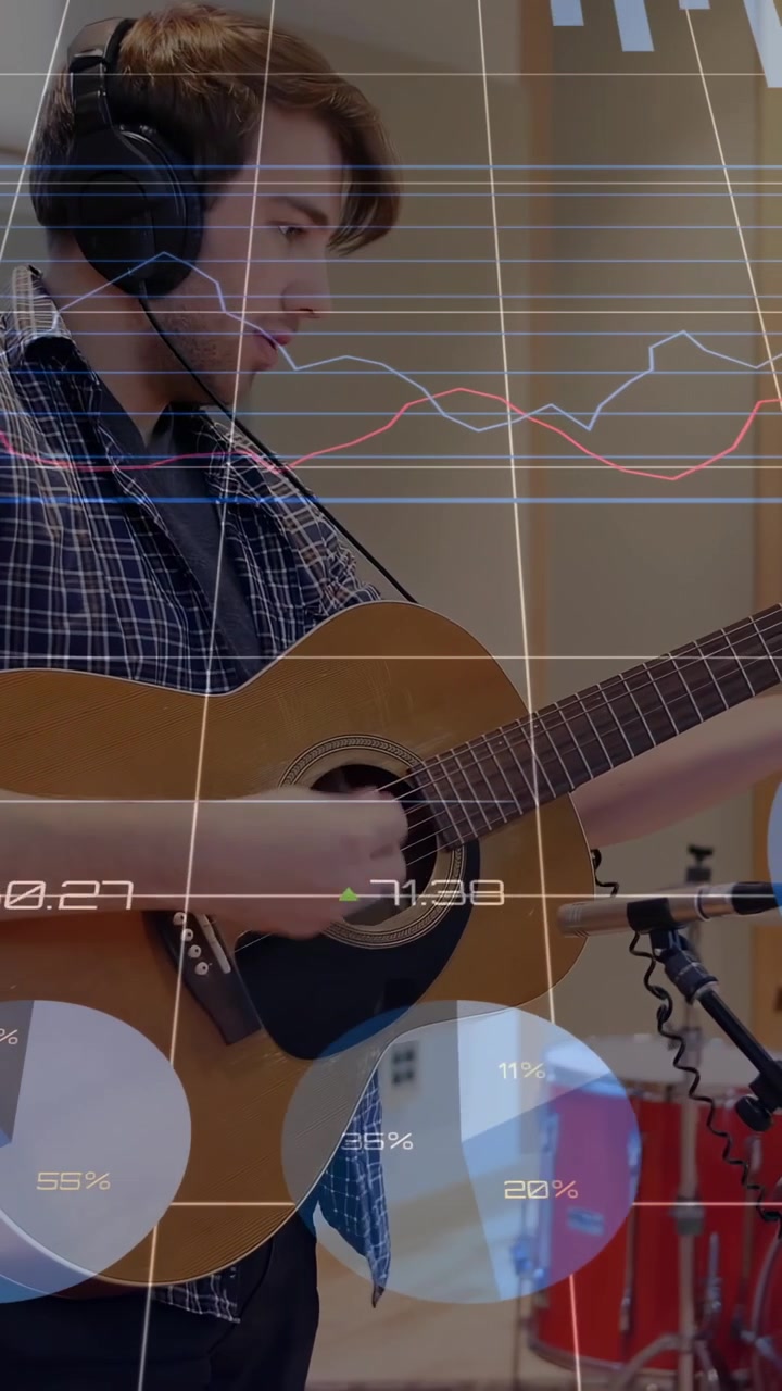 Video verticale: Chitarrista che inizia una ripresa in studio, strimpella e canta mentre i grafici HUD si aggiornano.