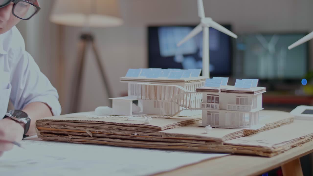 close up de hombre asiático boceto casa con panel solar en el plano