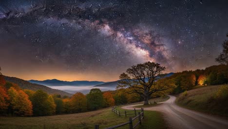 a serene nightscape showcasing the majestic milky way galaxy above colorful autumn landscapes and a winding road through scenic countryside