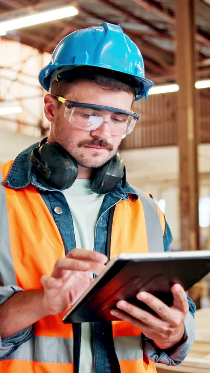Construction Worker Using Digital Tablet in Industrial Setting