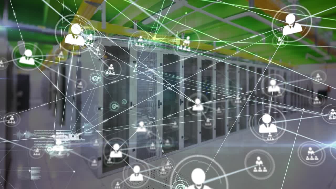 Animation of network of connections over server room and data processing