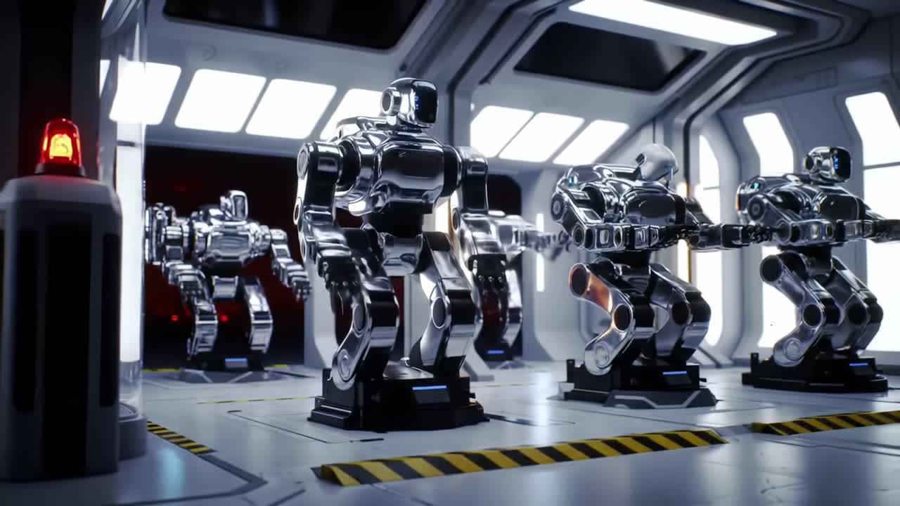 Futuristic Robotics Assembly Hall Featuring Polished Chrome Humanoid Robots in a Technologically Advanced Setting, Highlighting Innovative Mechanical Design and Engineering