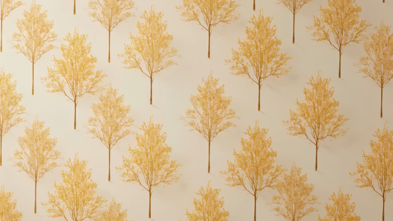 Panning camera causing wallpaper pattern sliding across wall, showing repeating gold tree motif