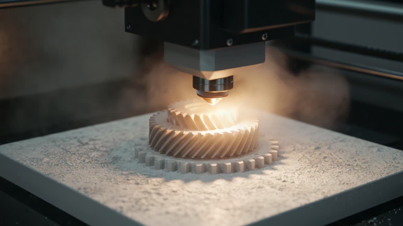 Precision Laser Cutting Process Captured: A Close-Up View of a Laser Engraving Machine Engaging with a Detailed Gear Component in a Misty Environment