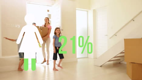 animation of woman and percent in green over caucasian family moving in with cardboard boxes