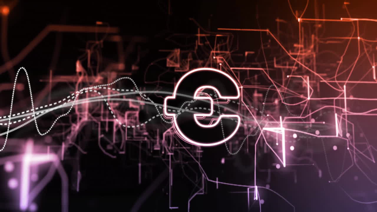 Animation of euro sign, data processing and connections on black background
