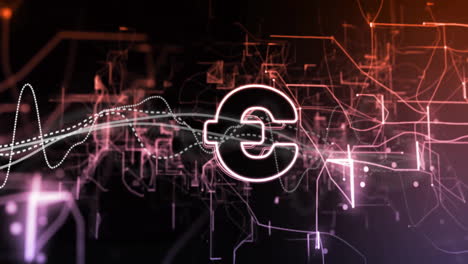 animación del signo del euro, procesamiento de datos y conexiones sobre fondo negro