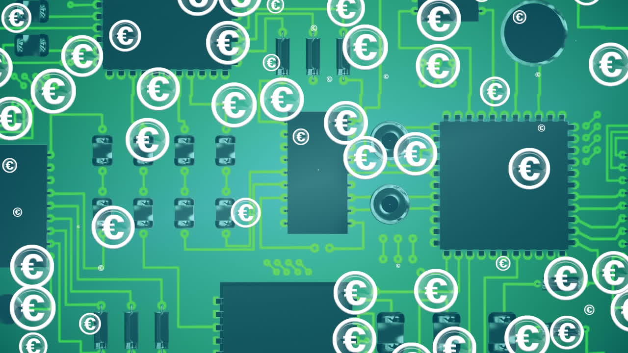 Animation of euro symbol icons over computer circuit board