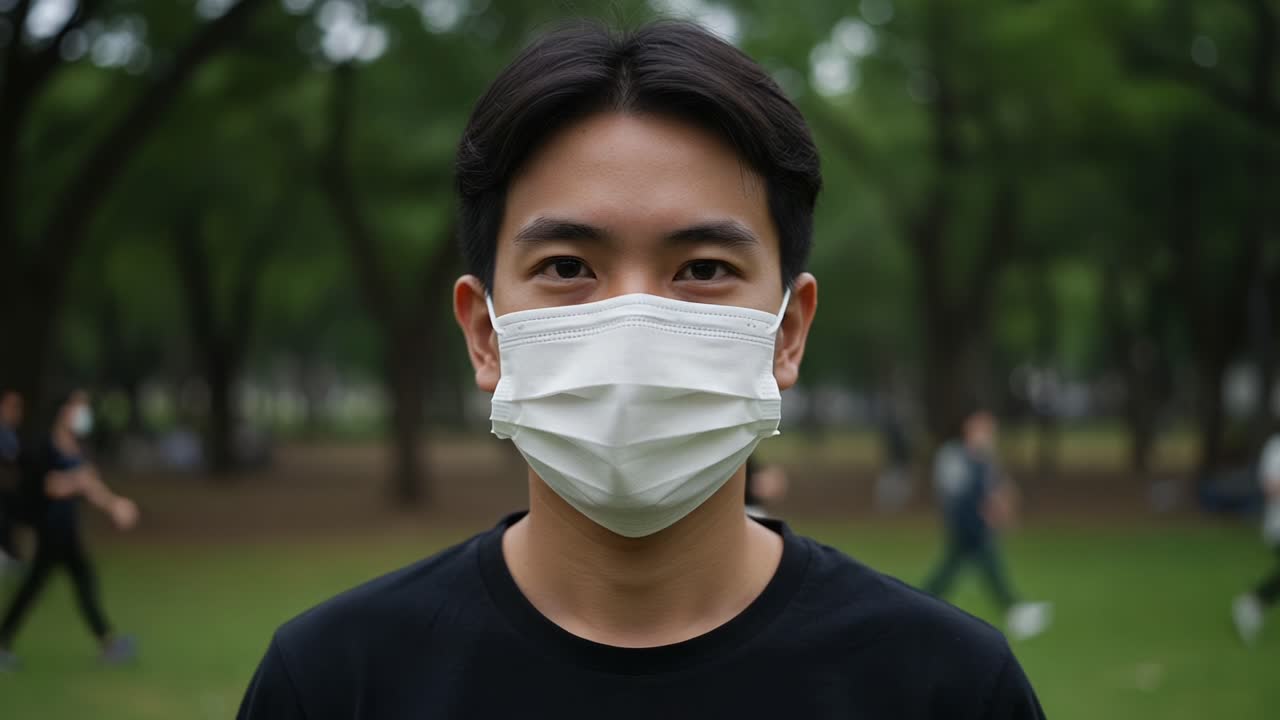 A young individual wearing a protective mask stands confidently in a park, surrounded by greenery, emphasizing the importance of health and safety in public spaces