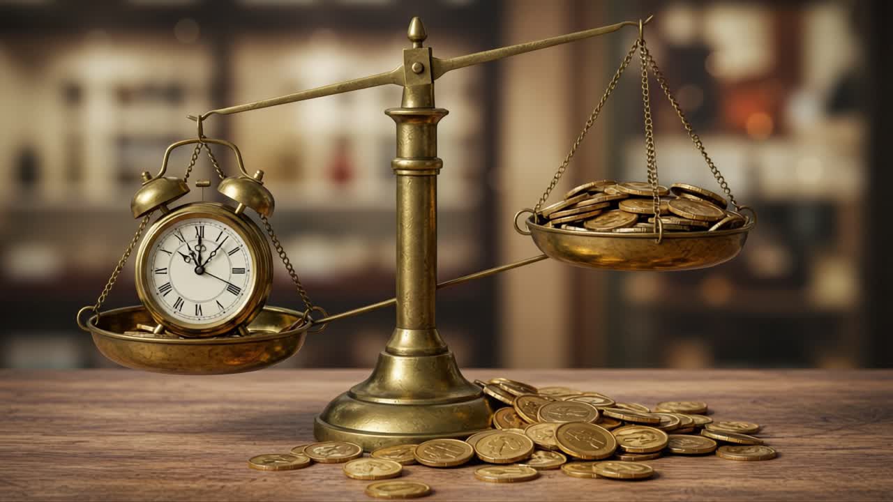 A Metaphorical Balance Between Time and Money Illustrated by an Antique Scale Holding a Clock and Coins, Representing the Value of Both Resources in Life