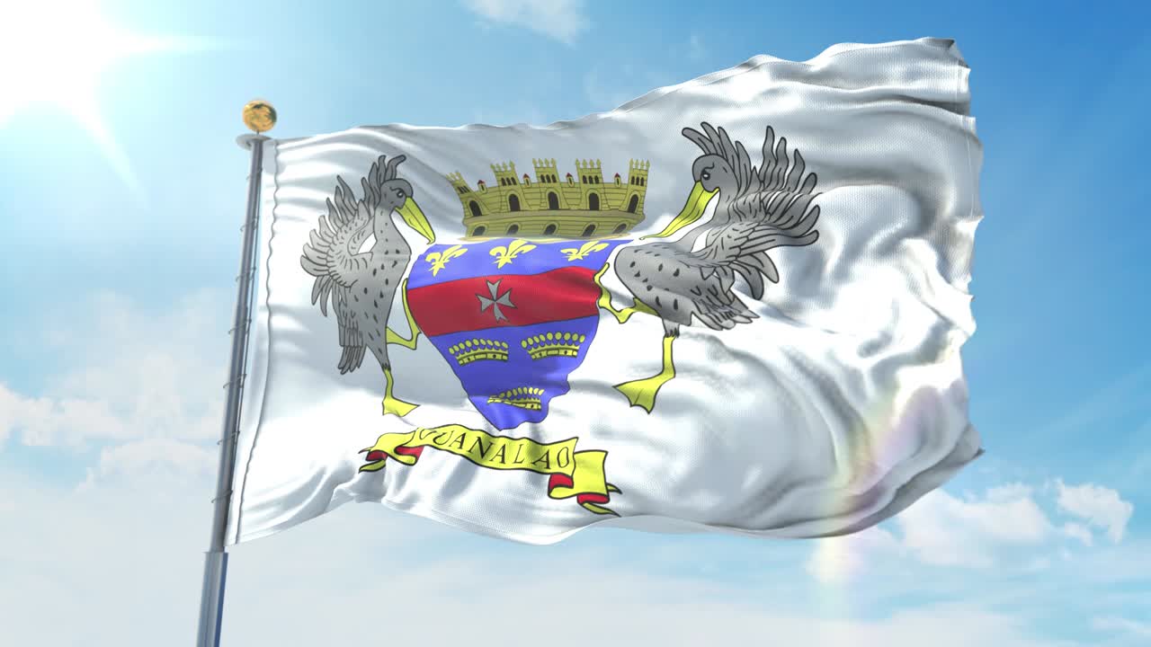 la bandera de san bartolomé ondeando en el viento contra el cielo azul profundo. tema nacional, concepto internacional. renderización 3d de bucle sin costuras 4k