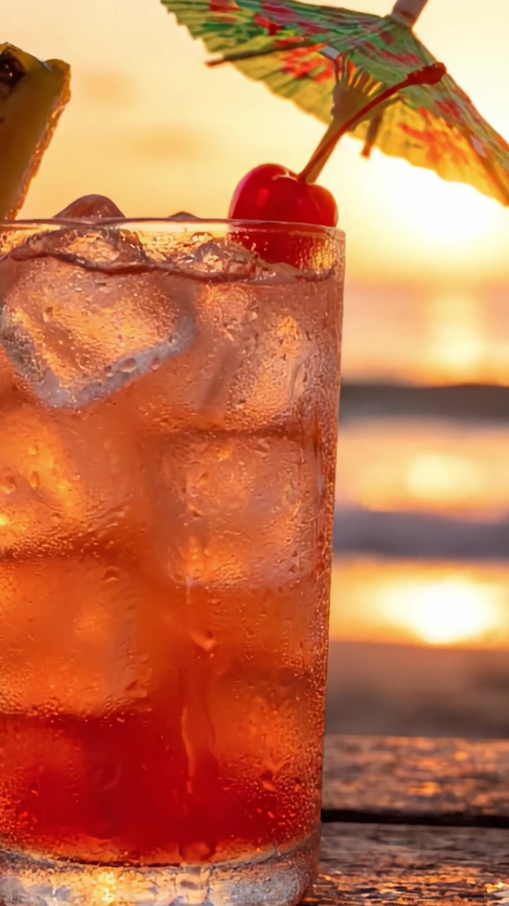 Refreshing Tropical Cocktail at Sunset: A Vibrant Drink with Cherry and Umbrella, Perfect for Relaxing Evenings by the Beach