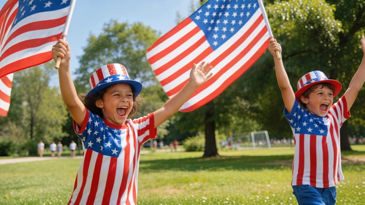 Running kids entering left, waving US flags at park, celebrating with flag shirts and top hats