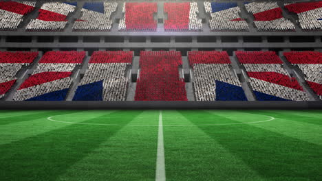 animation of british flag on empty football pitch in sports stadium