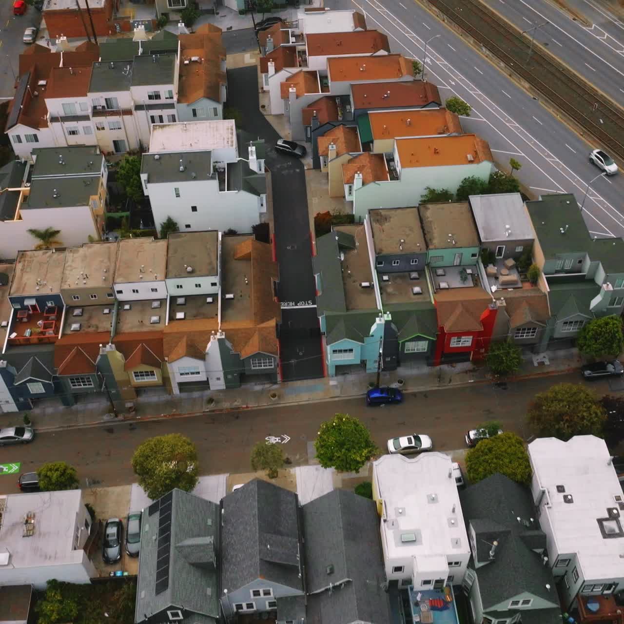 Diverse beautiful houses of San Francisco. Drone footage over the residential district locating between two highways