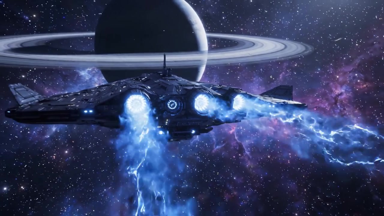 Uno straordinario viaggio nello spazio: un'astronave futuristica naviga nel cosmo tra nebulose vibranti e pianeti maestosi.