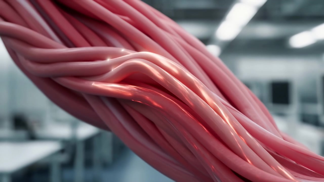 Movimento ravvicinato di fasci di filamenti tubolari rosa lucidi che si estendono diagonalmente dall'alto a sinistra al basso a destra nel primo piano da sinistra a centro all'interno di uno sfondo sfocato.