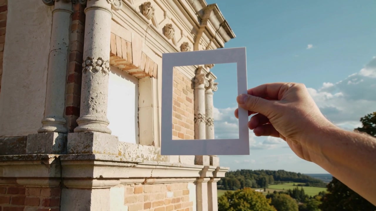 Avambraccio maschile nudo che tiene un quadrato bianco, spostando l'inquadratura su un balcone di pietra per inquadrare finestra e cielo.