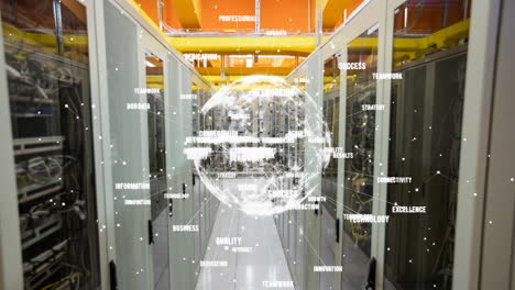 animation of business texts and globe over server room