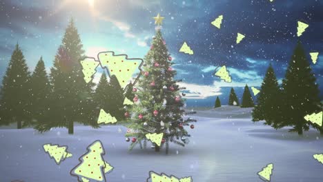 Multiple-christmas-tree-icons-falling-against-snow-falling-over-christmas-tree-on-winter-landscape