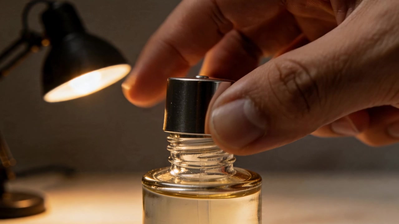 Una mano che abbassa e posiziona un tappo metallico perforato su una bottiglia di vetro sotto la lampada da scrivania sinistra, assicurando la chiusura.