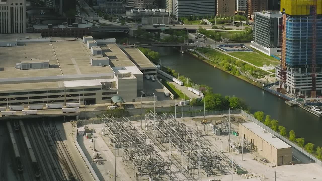 Aerial view of electrical facility in Chicago near train tracks