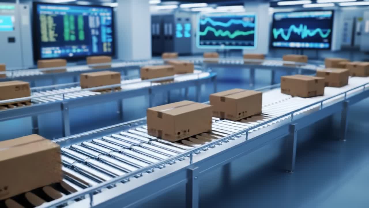 Efficient Automated Sorting System in a Modern Warehouse: Streamlined Package Handling on Conveyor Belt with Advanced Technology Support