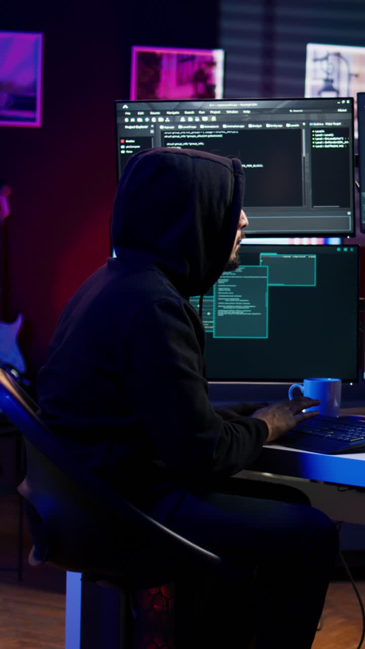 Hacker di video verticali che usa un PC per rubare dati, prendendo di mira sistemi di sicurezza senza patch