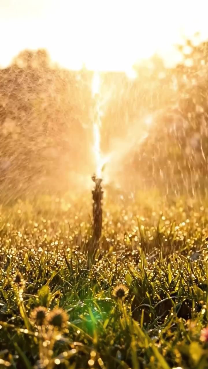 Affascinanti irrigatori illuminati dal sole che spruzzano acqua scintillante sull'erba verde vibrante, evidenziando la bellezza rinfrescante della natura nel bagliore del tardo pomeriggio.