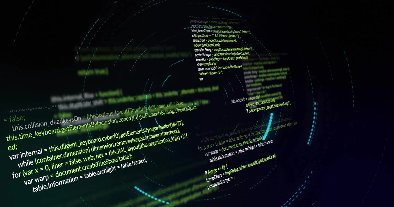 Green code lines initiating red and teal particles swirling around panels, visualizing data flow