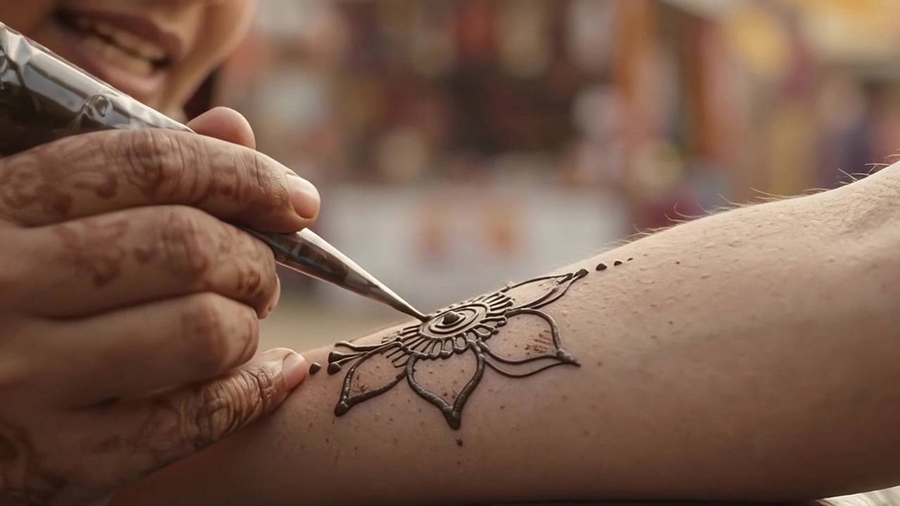 Artista che applica un tradizionale disegno di tatuaggio all'henné sul braccio