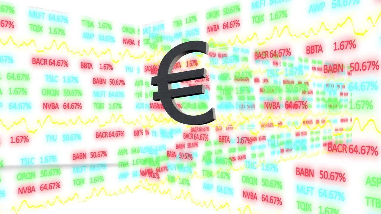 Eurosymbol falder og splintres hen over en blank overflade, tickers pulserer og viser volatilitet