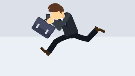 hombre de negocios corriendo con maleta y teléfono. concepto de éxito. ilustración de bucle en estilo plano.