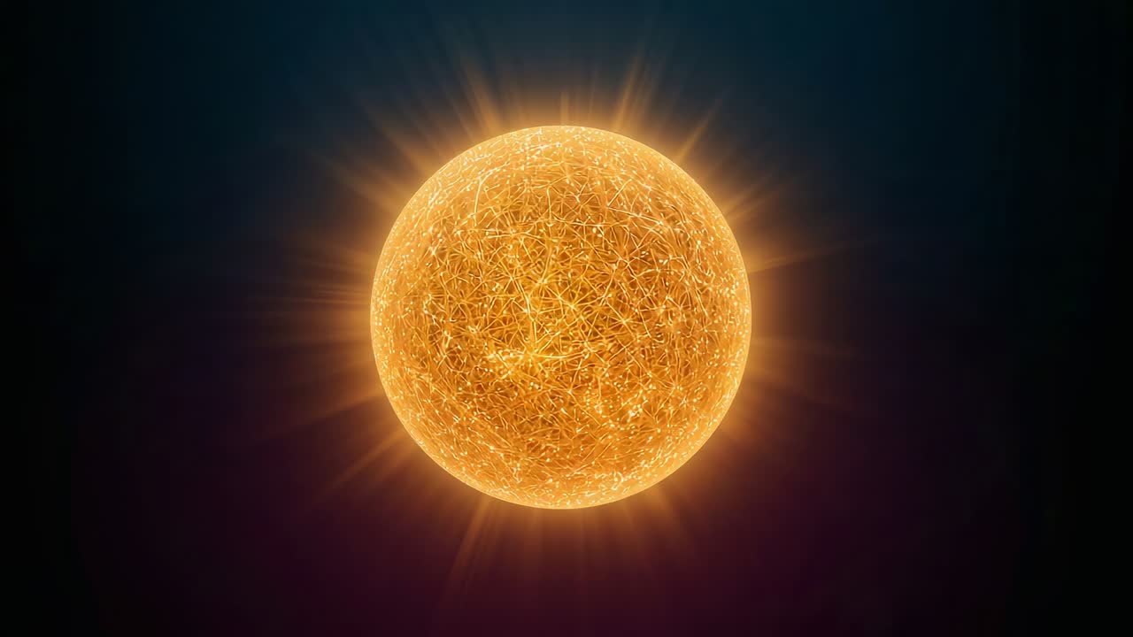 Frames advancing, orange sphere shifting filaments on dark blue-black backdrop, implying rotation