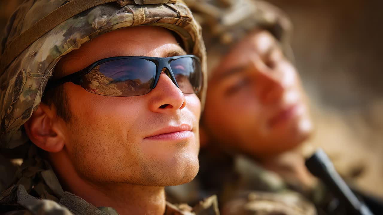 Two soldiers in military gear share a moment of camaraderie and relaxation, showcasing their strong bond and resilience while in a challenging environment, highlighting their determination and focus on duty