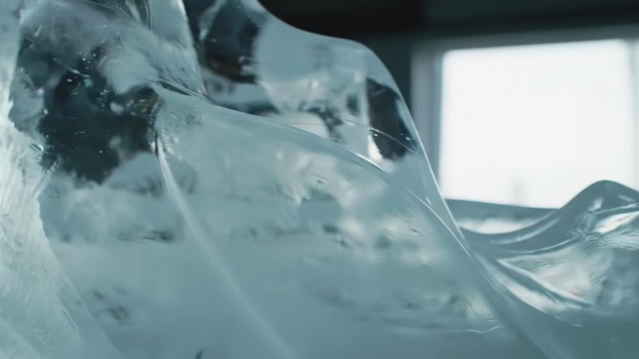 Warm light shines through translucent ice, revealing mesmerizing patterns and textures. The enchanting details captivate viewers with their delicate formations and shimmering effects.