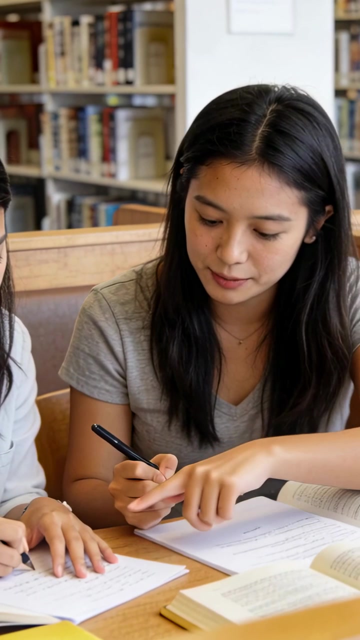 Video verticale: Studentessa che scrive con la penna su carta, una compagna indica generando appunti di studio digitali.