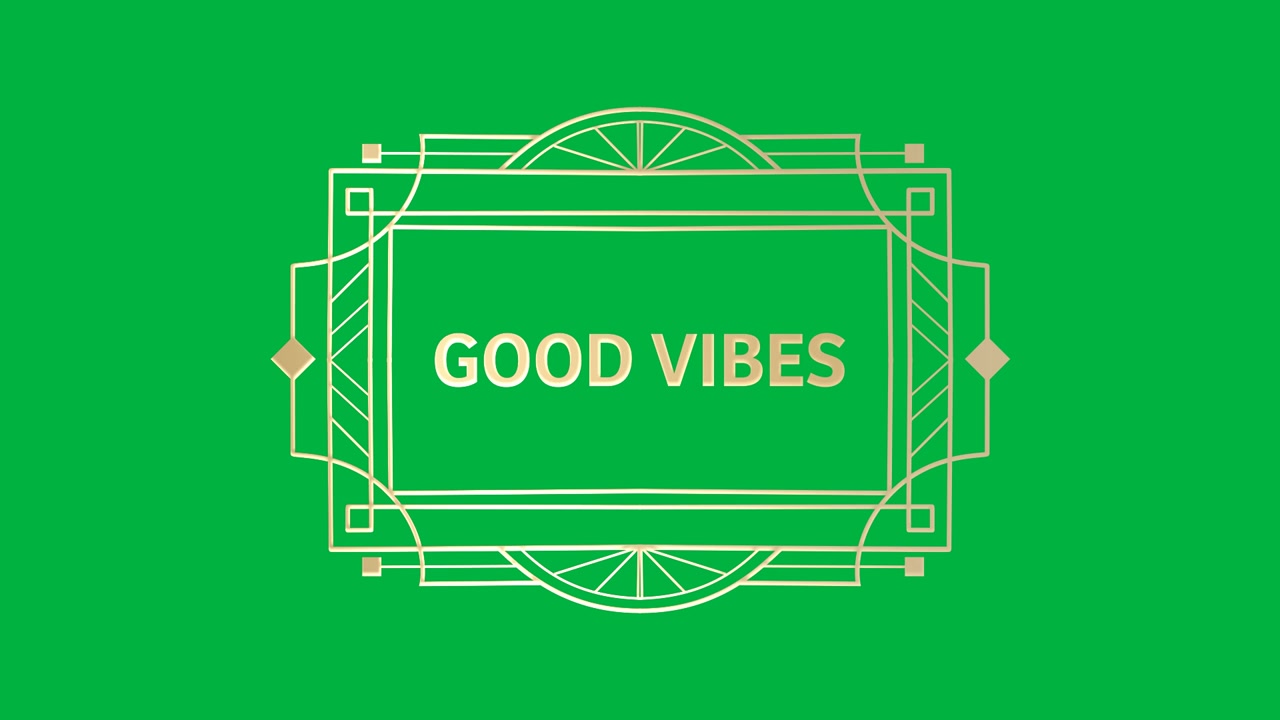 Animation of gold text good vibes, in decorative gold frame, on beige background