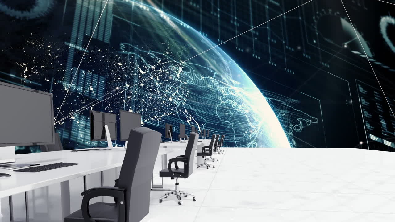 анимация сети соединений по пустому офису и глобусу